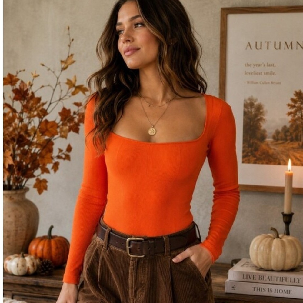 Urban‎ Outfitters Out From Under Orange Ribbed Square Neck Bodysuit XS/S